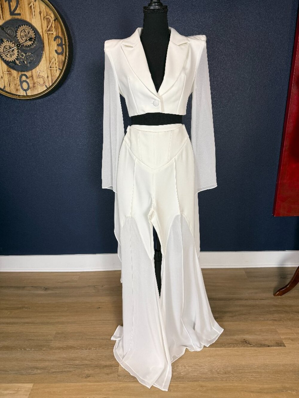 White Ivory Crop Blazer Sheer Chiffon Mermaid Pants Two Piece Set | M - Picture 2 of 9